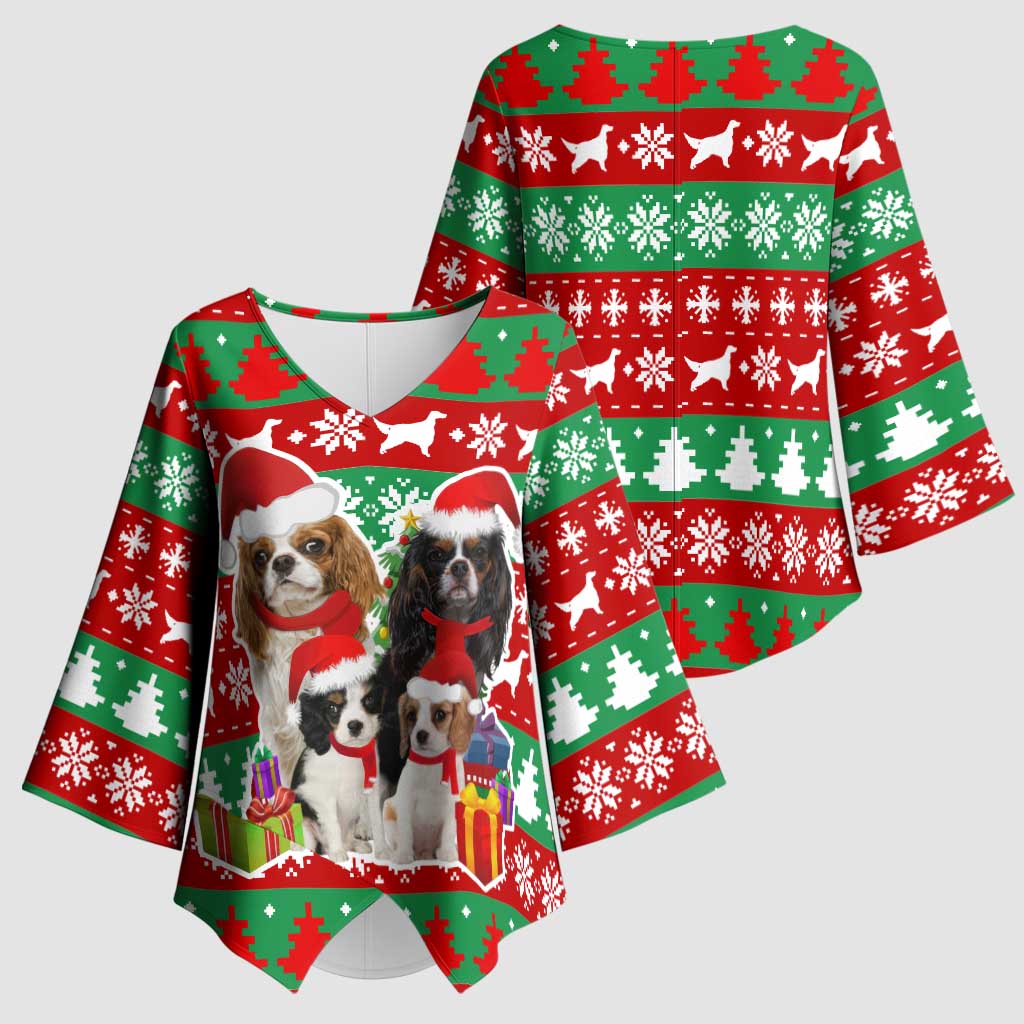 Christmas Dogs Kimono Sleeve Blouse with Santa Hats and Red Green Holiday Pattern - Wonder Print Shop
