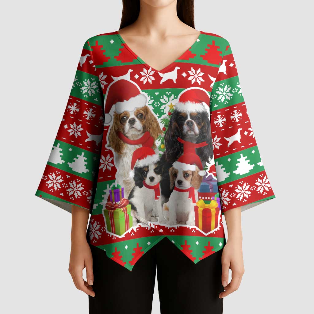 Christmas Dogs Kimono Sleeve Blouse with Santa Hats and Red Green Holiday Pattern - Wonder Print Shop