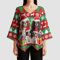 Christmas Dogs Kimono Sleeve Blouse with Santa Hats and Red Green Holiday Pattern - Wonder Print Shop