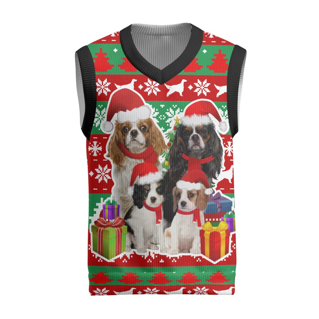 Christmas Dogs Christmas Knitted V-Neck Vest with Santa Hats and Red Green Holiday Pattern - Wonder Print Shop