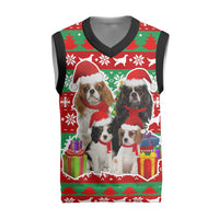Christmas Dogs Christmas Knitted V-Neck Vest with Santa Hats and Red Green Holiday Pattern - Wonder Print Shop