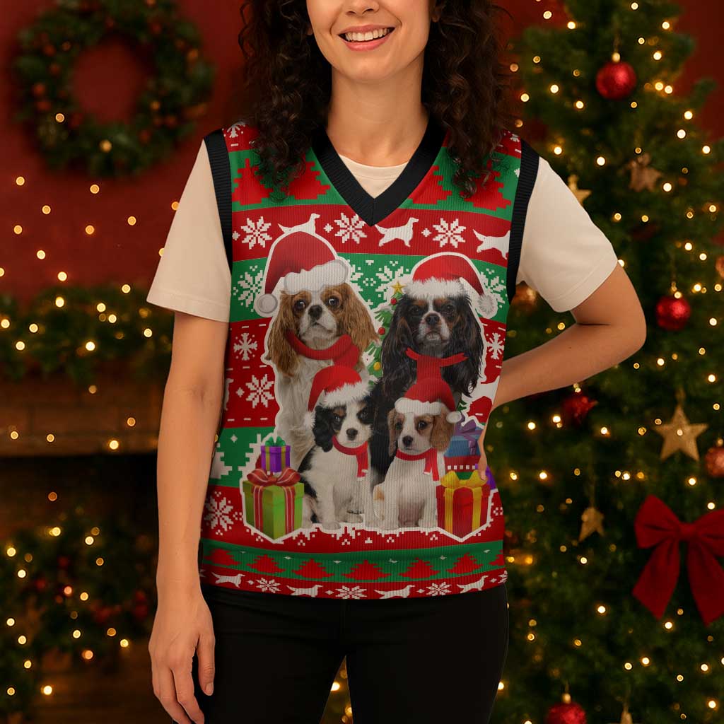 Christmas Dogs Christmas Knitted V-Neck Vest with Santa Hats and Red Green Holiday Pattern - Wonder Print Shop