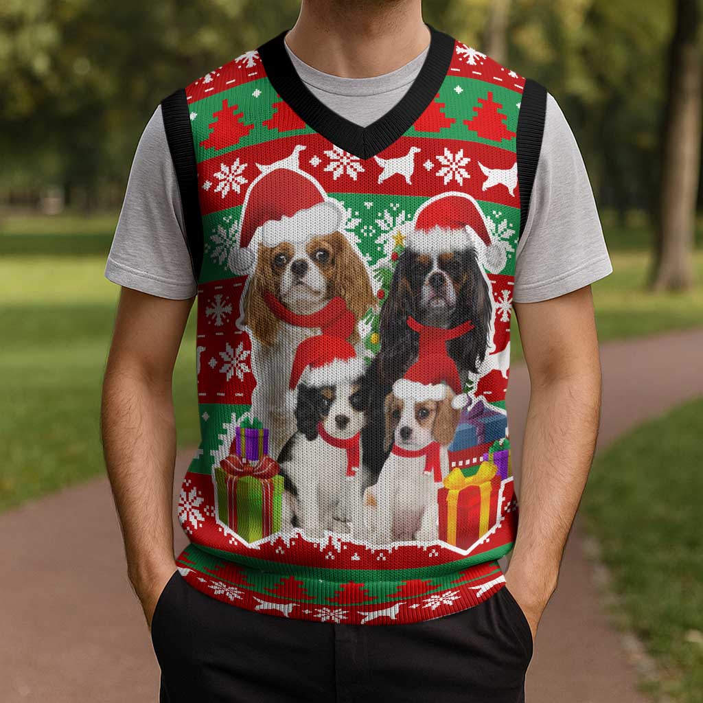 Christmas Dogs Christmas Knitted V-Neck Vest with Santa Hats and Red Green Holiday Pattern - Wonder Print Shop