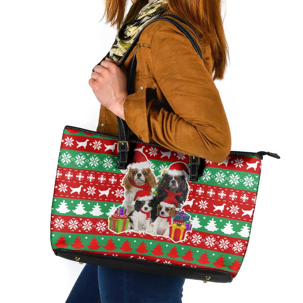 Christmas Dogs Leather Tote Bag with Santa Hats and Red Green Holiday Pattern - Wonder Print Shop