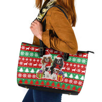 Christmas Dogs Leather Tote Bag with Santa Hats and Red Green Holiday Pattern - Wonder Print Shop