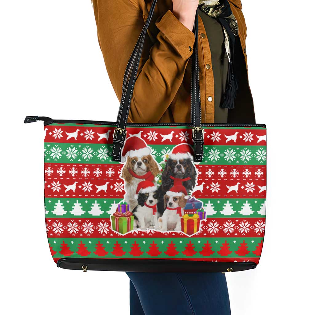 Christmas Dogs Leather Tote Bag with Santa Hats and Red Green Holiday Pattern - Wonder Print Shop
