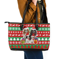 Christmas Dogs Leather Tote Bag with Santa Hats and Red Green Holiday Pattern - Wonder Print Shop
