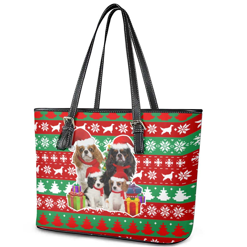 Christmas Dogs Leather Tote Bag with Santa Hats and Red Green Holiday Pattern - Wonder Print Shop