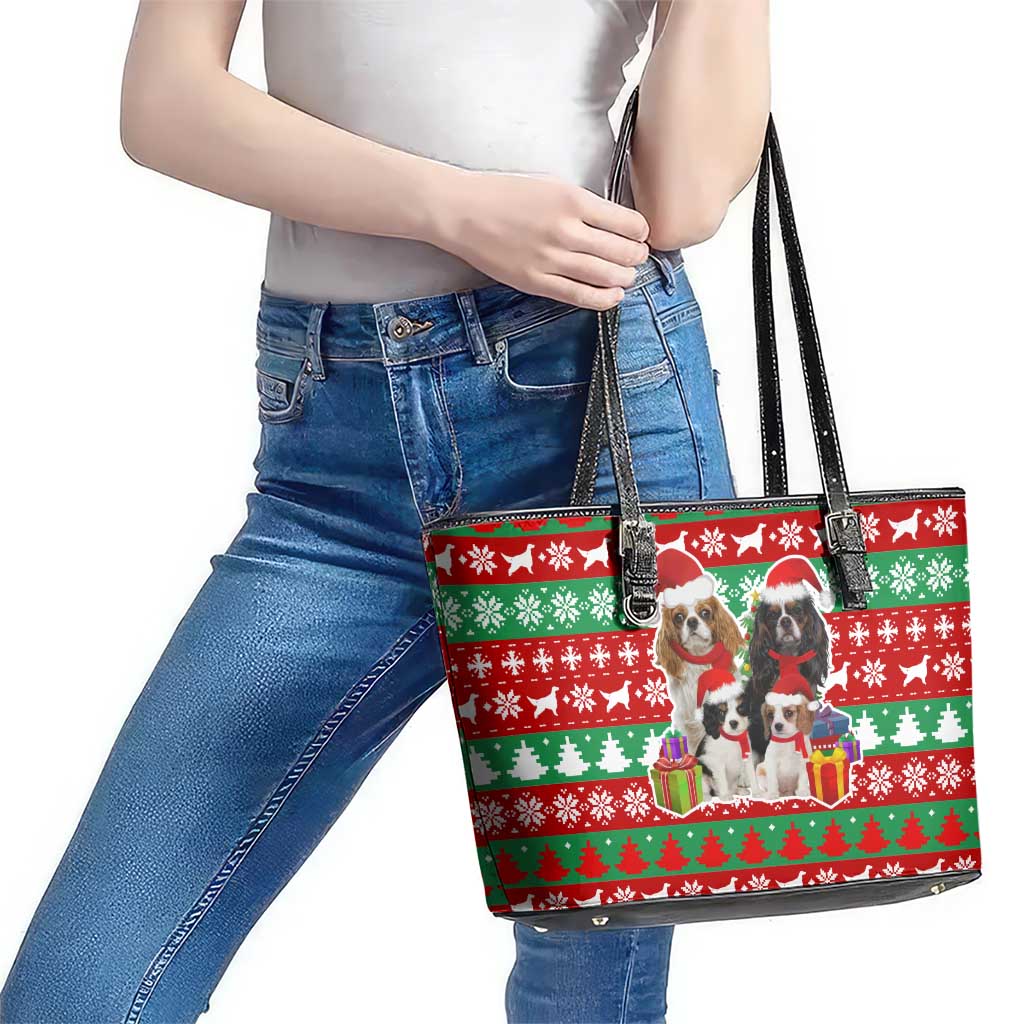 Christmas Dogs Leather Tote Bag with Santa Hats and Red Green Holiday Pattern - Wonder Print Shop