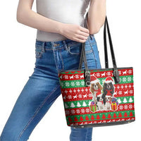 Christmas Dogs Leather Tote Bag with Santa Hats and Red Green Holiday Pattern - Wonder Print Shop