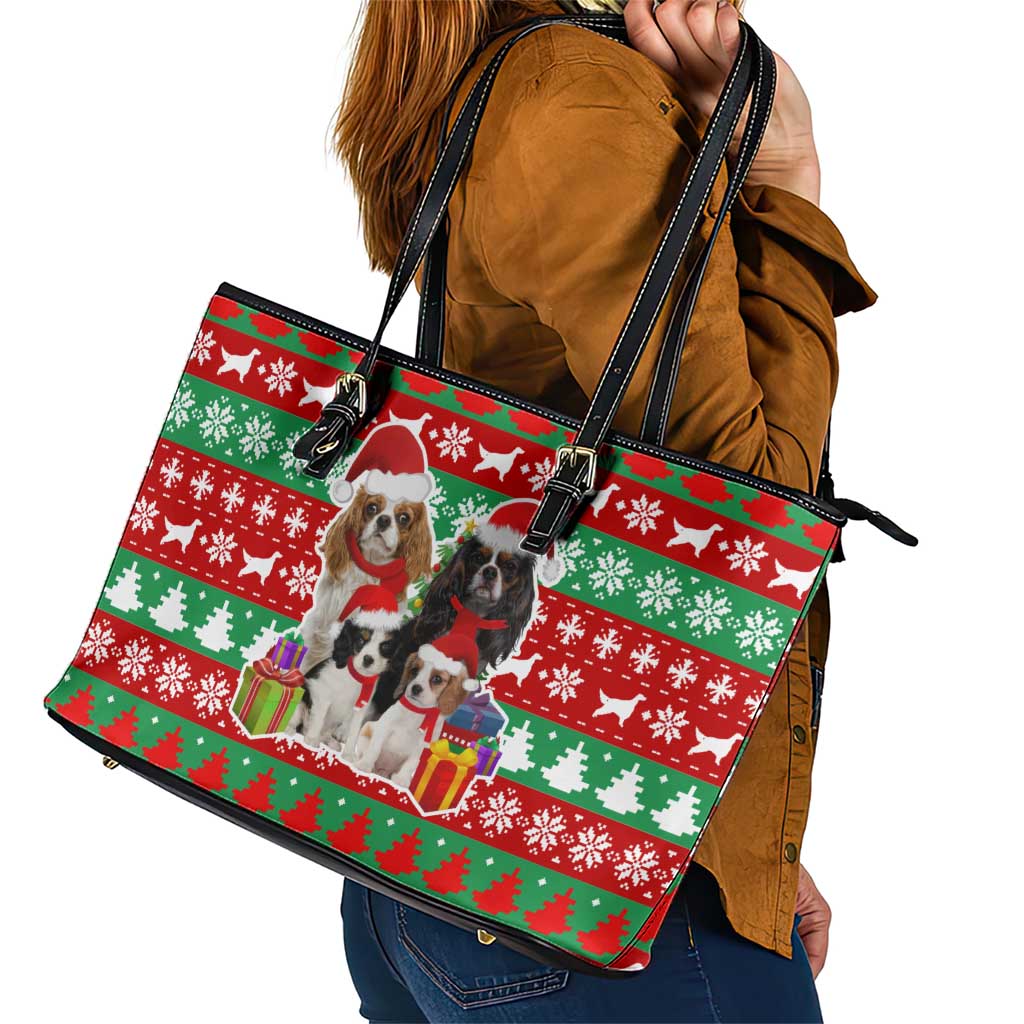 Christmas Dogs Leather Tote Bag with Santa Hats and Red Green Holiday Pattern - Wonder Print Shop