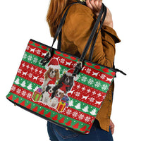 Christmas Dogs Leather Tote Bag with Santa Hats and Red Green Holiday Pattern - Wonder Print Shop