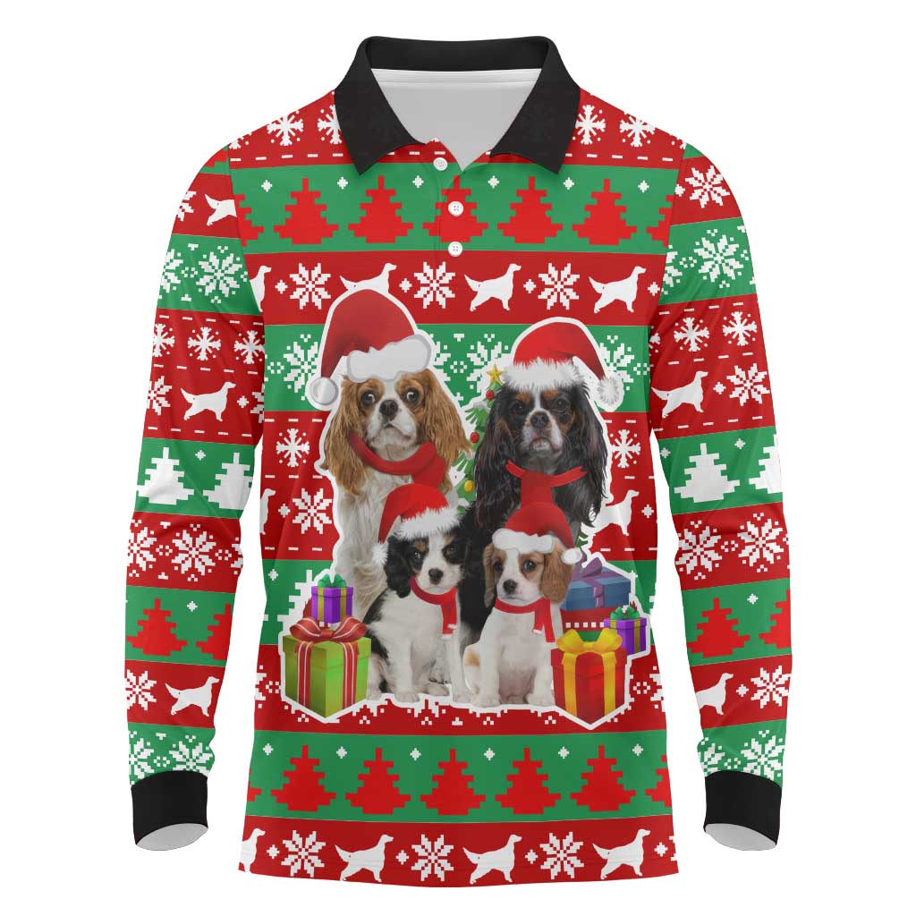 Christmas Dogs Long Sleeve Polo Shirt with Santa Hats and Red Green Holiday Pattern - Wonder Print Shop