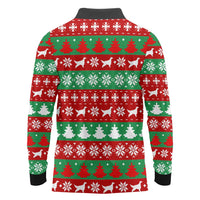 Christmas Dogs Long Sleeve Polo Shirt with Santa Hats and Red Green Holiday Pattern - Wonder Print Shop