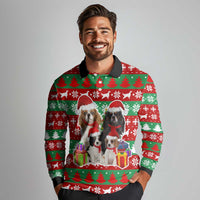 Christmas Dogs Long Sleeve Polo Shirt with Santa Hats and Red Green Holiday Pattern - Wonder Print Shop