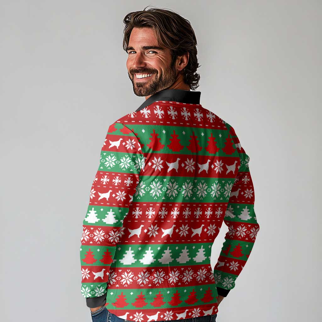 Christmas Dogs Long Sleeve Polo Shirt with Santa Hats and Red Green Holiday Pattern - Wonder Print Shop