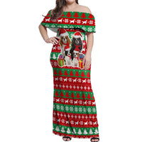 Christmas Dogs Off Shoulder Maxi Dress with Santa Hats and Red Green Holiday Pattern - Wonder Print Shop