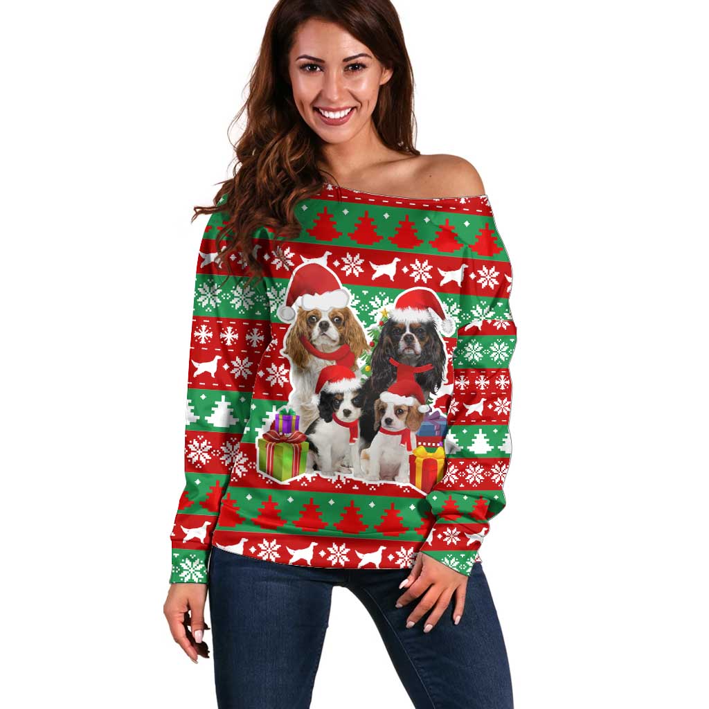Christmas Dogs Off Shoulder Sweater with Santa Hats and Red Green Holiday Pattern - Wonder Print Shop