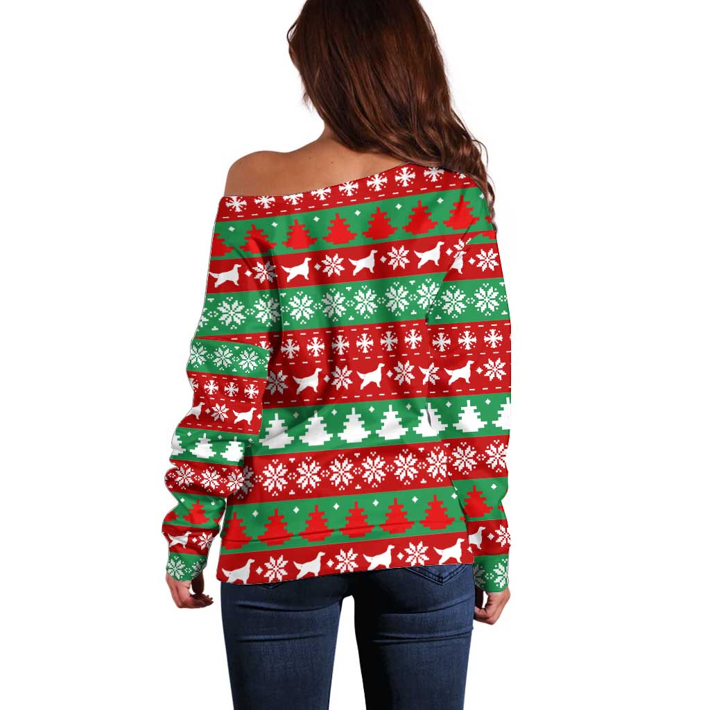 Christmas Dogs Off Shoulder Sweater with Santa Hats and Red Green Holiday Pattern - Wonder Print Shop