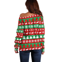 Christmas Dogs Off Shoulder Sweater with Santa Hats and Red Green Holiday Pattern - Wonder Print Shop