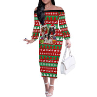 Christmas Dogs Off The Shoulder Long Sleeve Dress with Santa Hats and Red Green Holiday Pattern - Wonder Print Shop