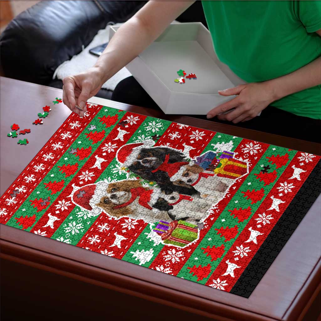 Christmas Dogs Puzzle with Santa Hats and Red Green Holiday Pattern - Wonder Print Shop