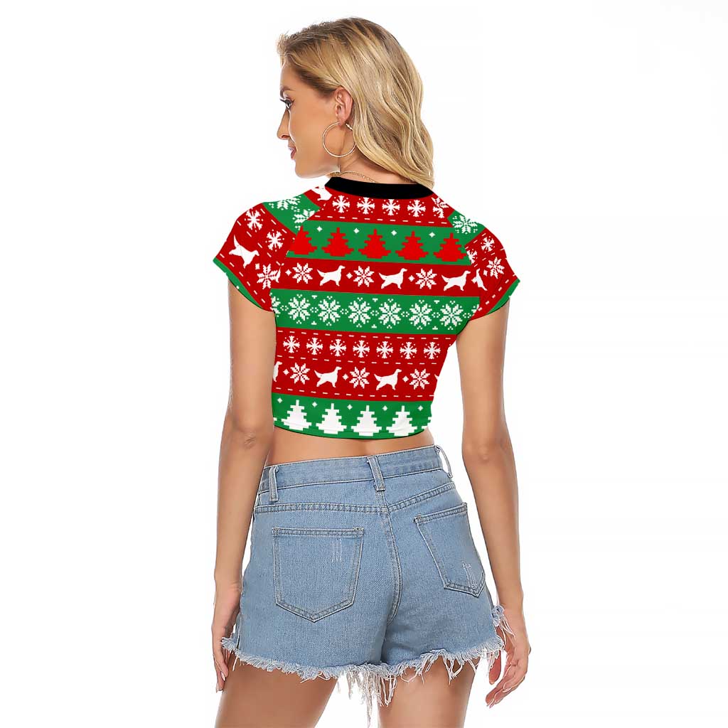 Christmas Dogs Raglan Cropped T Shirt with Santa Hats and Red Green Holiday Pattern - Wonder Print Shop
