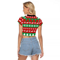 Christmas Dogs Raglan Cropped T Shirt with Santa Hats and Red Green Holiday Pattern - Wonder Print Shop