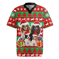 Christmas Dogs Rugby Jersey with Santa Hats and Red Green Holiday Pattern - Wonder Print Shop
