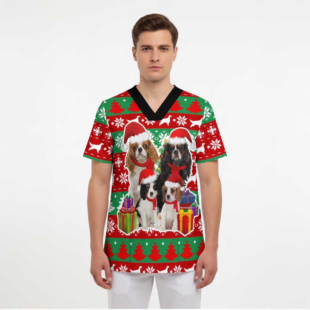 Christmas Dogs Scrub Top with Santa Hats and Red Green Holiday Pattern - Wonder Print Shop