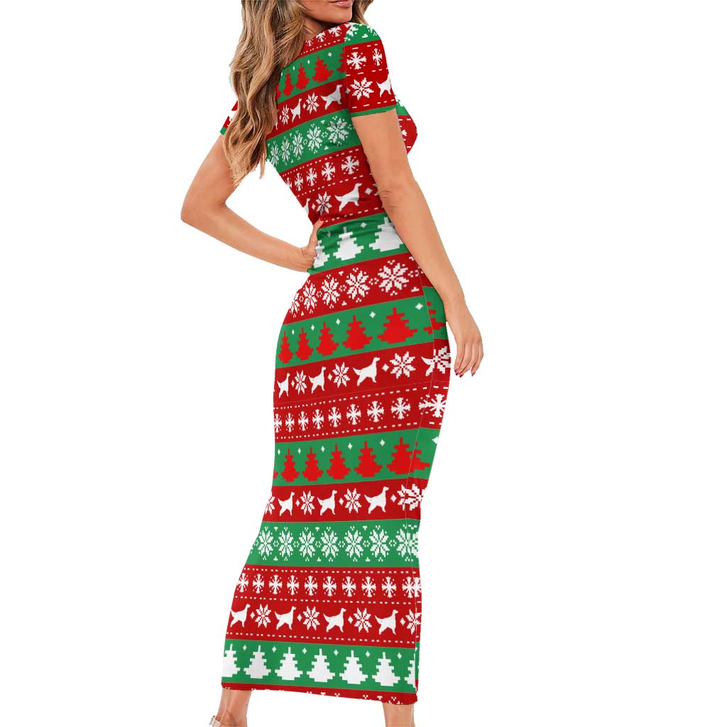Christmas Dogs Short Sleeve Bodycon Dress with Santa Hats and Red Green Holiday Pattern - undefined