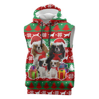 Christmas Dogs Sleeveless Hoodie with Santa Hats and Red Green Holiday Pattern - Wonder Print Shop