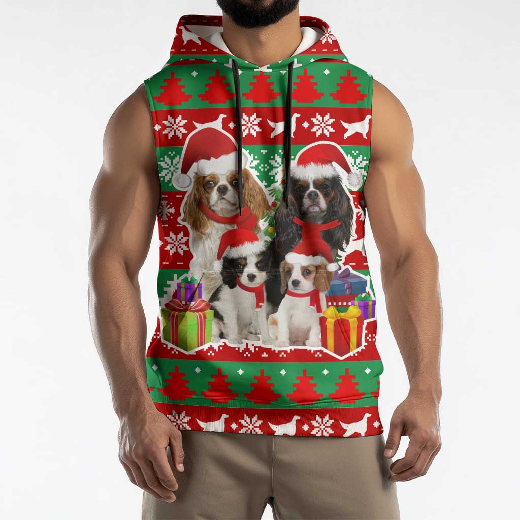 Christmas Dogs Sleeveless Hoodie with Santa Hats and Red Green Holiday Pattern - Wonder Print Shop