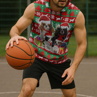 Christmas Dogs Sleeveless Hoodie with Santa Hats and Red Green Holiday Pattern - Wonder Print Shop