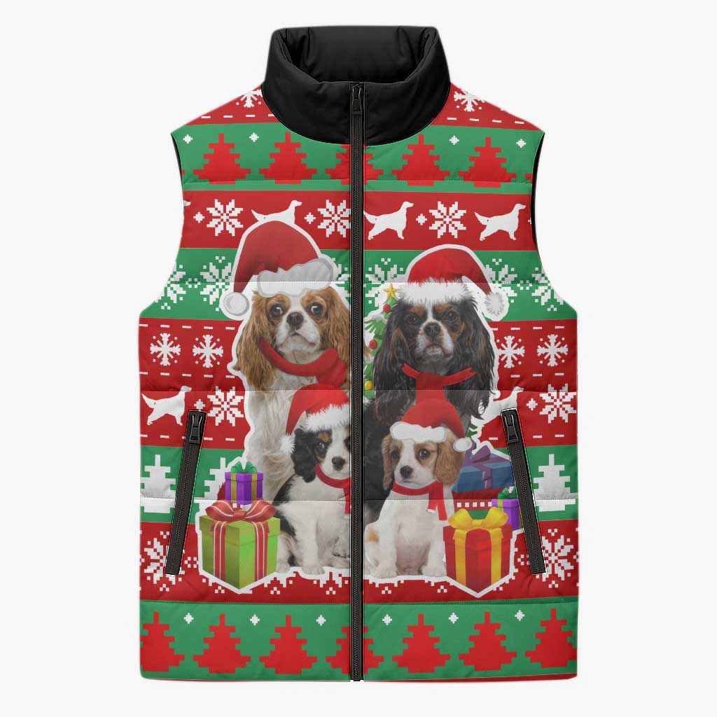 Christmas Dogs Sleeveless Puffer Jacket with Santa Hats and Red Green Holiday Pattern - undefined