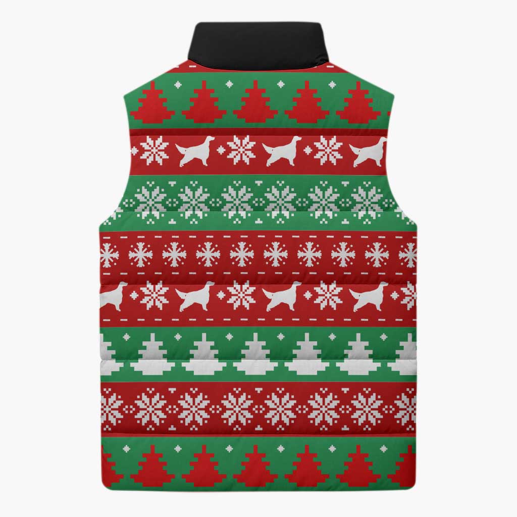 Christmas Dogs Sleeveless Puffer Jacket with Santa Hats and Red Green Holiday Pattern - undefined