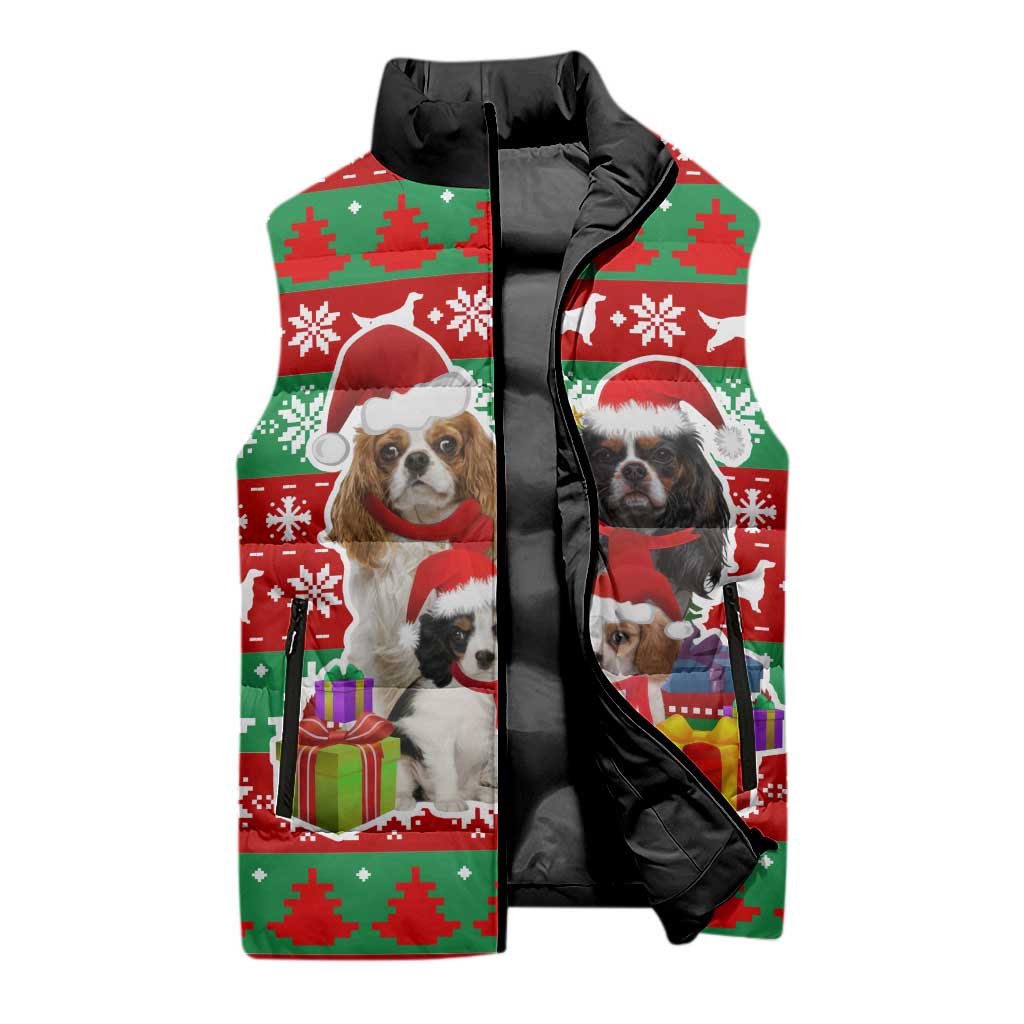 Christmas Dogs Sleeveless Puffer Jacket with Santa Hats and Red Green Holiday Pattern - undefined
