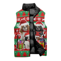 Christmas Dogs Sleeveless Puffer Jacket with Santa Hats and Red Green Holiday Pattern - undefined