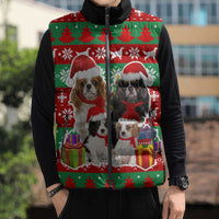 Christmas Dogs Sleeveless Puffer Jacket with Santa Hats and Red Green Holiday Pattern - undefined