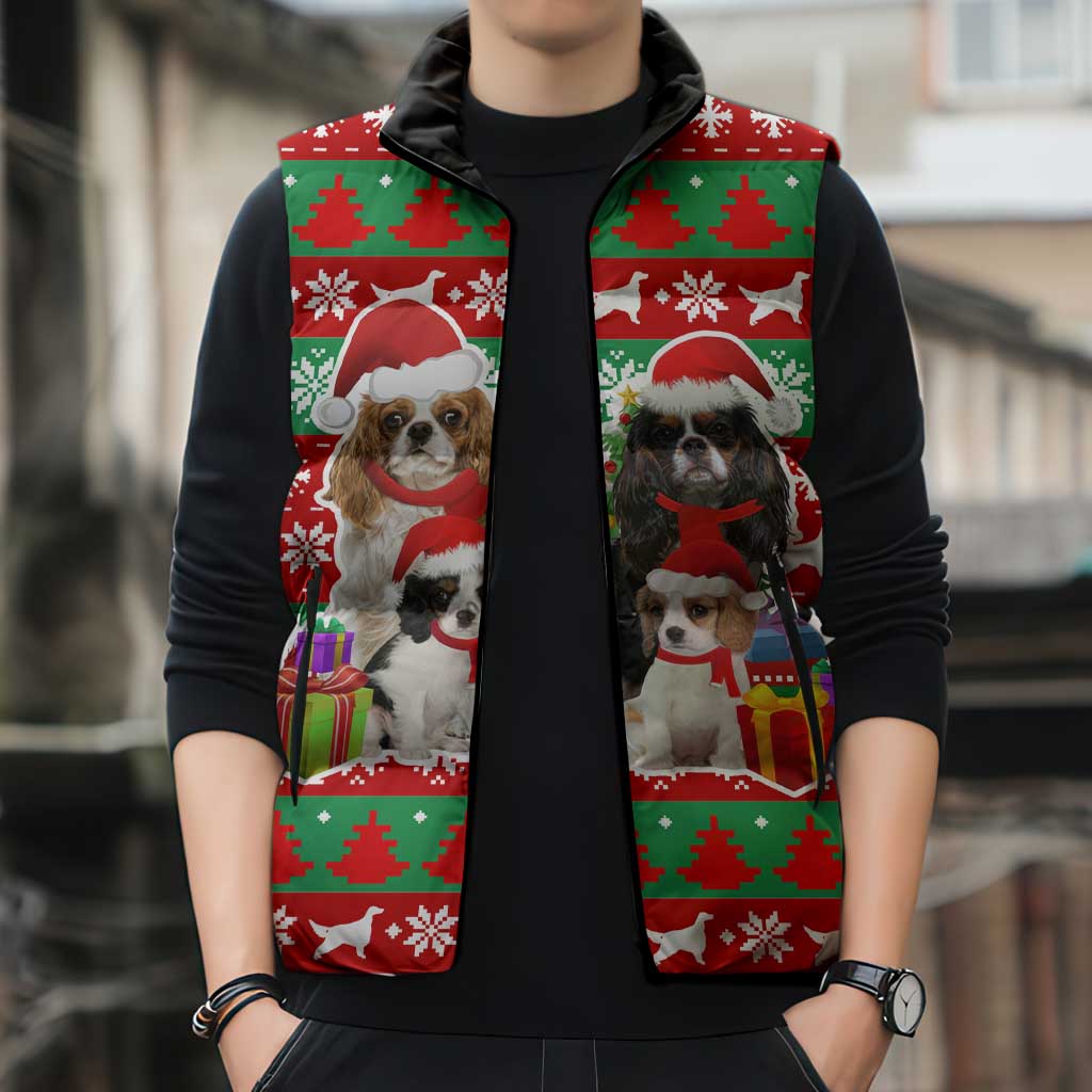 Christmas Dogs Sleeveless Puffer Jacket with Santa Hats and Red Green Holiday Pattern - undefined