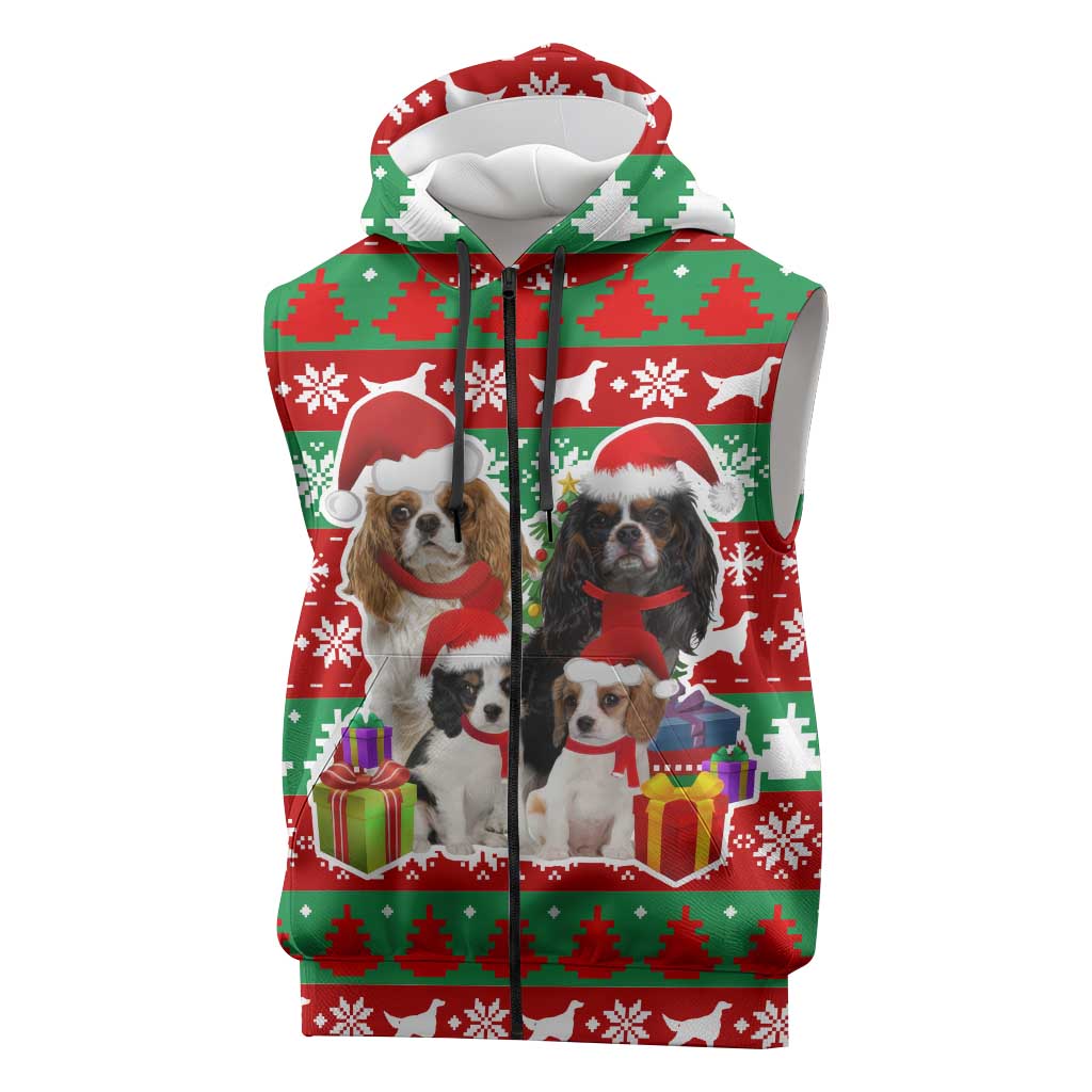 Christmas Dogs Sleeveless Zip Hoodie with Santa Hats and Red Green Holiday Pattern - Wonder Print Shop