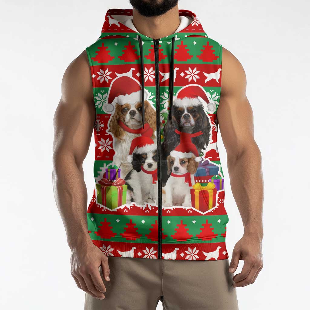 Christmas Dogs Sleeveless Zip Hoodie with Santa Hats and Red Green Holiday Pattern - Wonder Print Shop