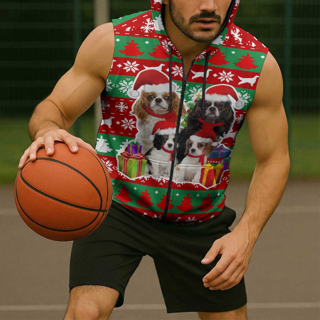 Christmas Dogs Sleeveless Zip Hoodie with Santa Hats and Red Green Holiday Pattern - Wonder Print Shop