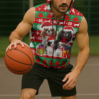 Christmas Dogs Sleeveless Zip Hoodie with Santa Hats and Red Green Holiday Pattern - Wonder Print Shop