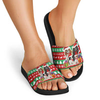 Christmas Dogs Slide Sandals with Santa Hats and Red Green Holiday Pattern - Wonder Print Shop