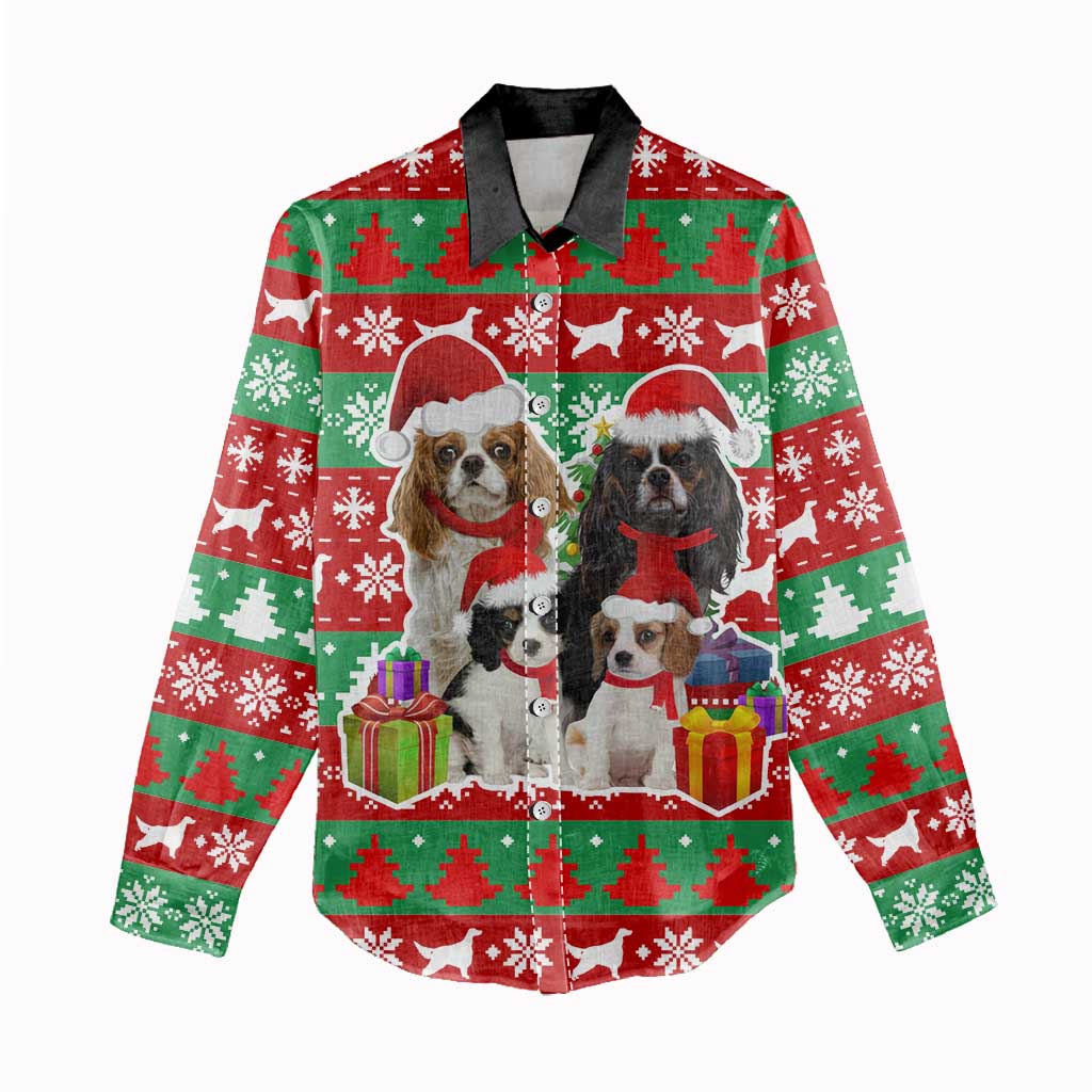 Christmas Dogs Women Casual Shirt with Santa Hats and Red Green Holiday Pattern - Wonder Print Shop