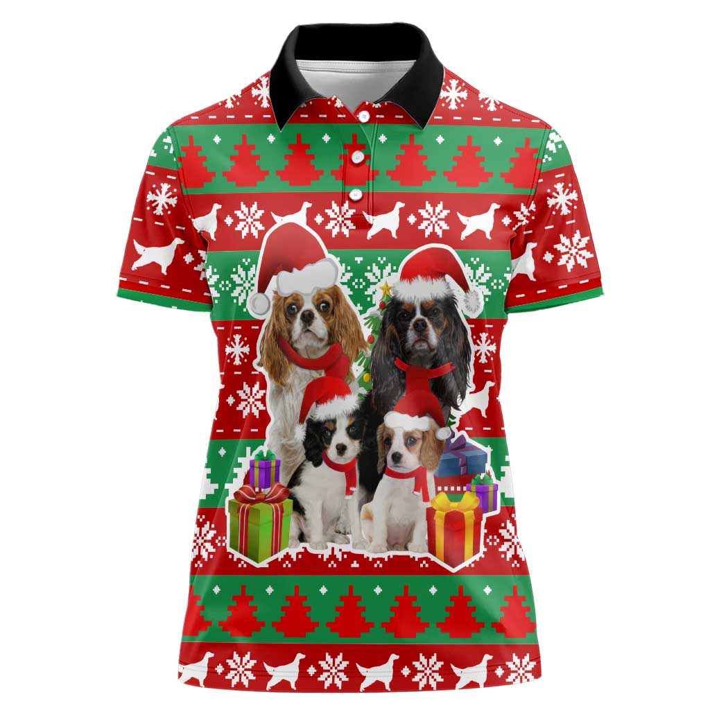 Christmas Dogs Women Polo Shirt with Santa Hats and Red Green Holiday Pattern - Wonder Print Shop