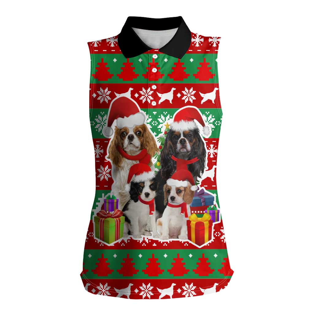 Christmas Dogs Women Sleeveless Polo Shirt with Santa Hats and Red Green Holiday Pattern - Wonder Print Shop