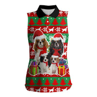 Christmas Dogs Women Sleeveless Polo Shirt with Santa Hats and Red Green Holiday Pattern - Wonder Print Shop