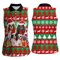Christmas Dogs Women Sleeveless Polo Shirt with Santa Hats and Red Green Holiday Pattern - Wonder Print Shop